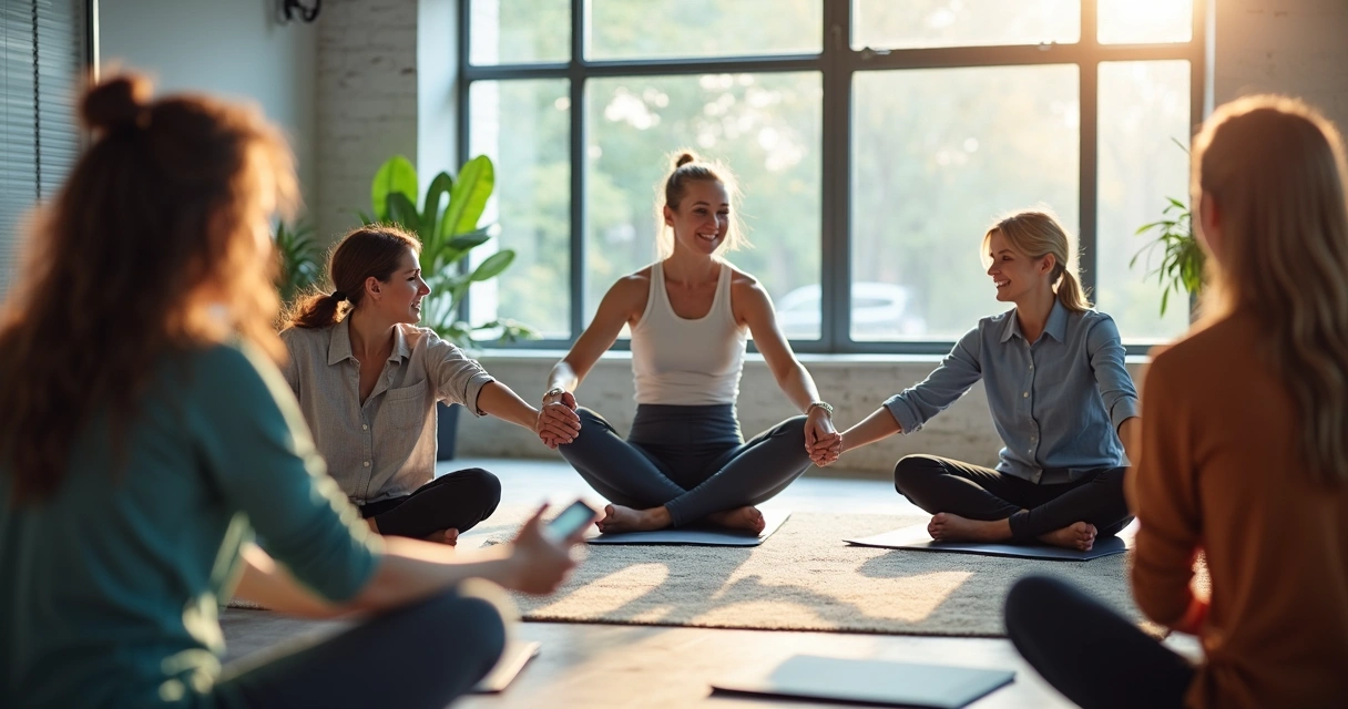 Profissional conduzindo atividade de ginástica laboral com grupo em escritório moderno 