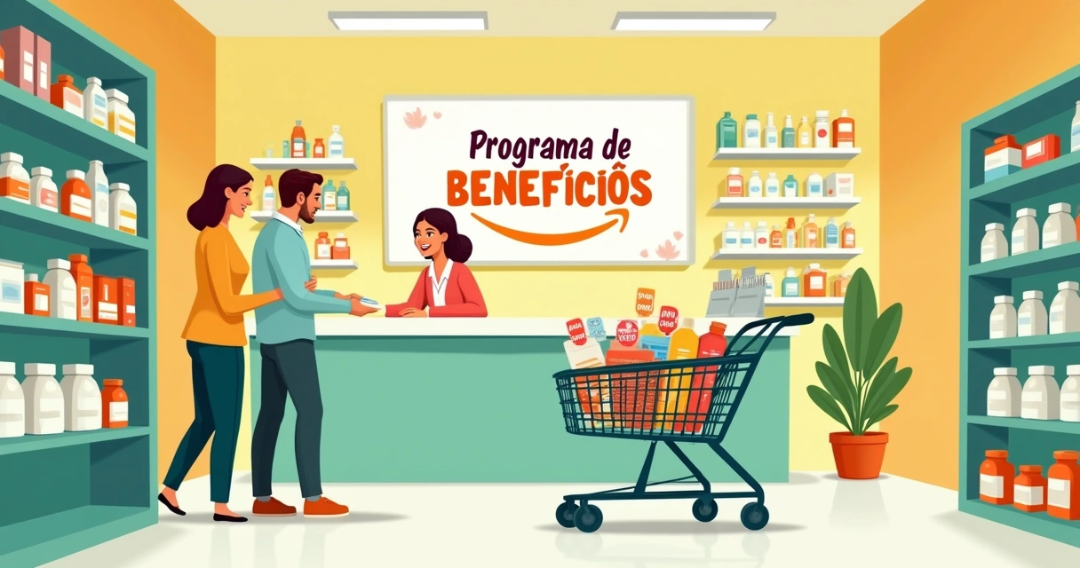 Ilustração de uma farmácia com um farmacêutico e um cliente satisfeitos, destacando um programa de benefícios.