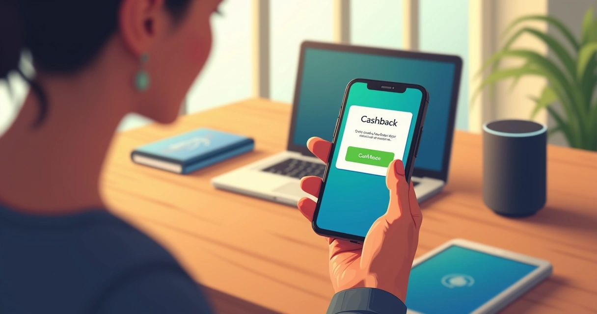 Pessoa usando aplicativo de cashback no celular com vários aparelhos eletrônicos ao fundo