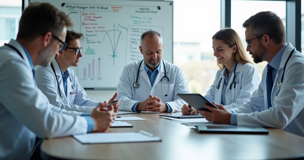 Equipe médica reunida em um workshop de imersão, com quadro branco e materiais didáticos 