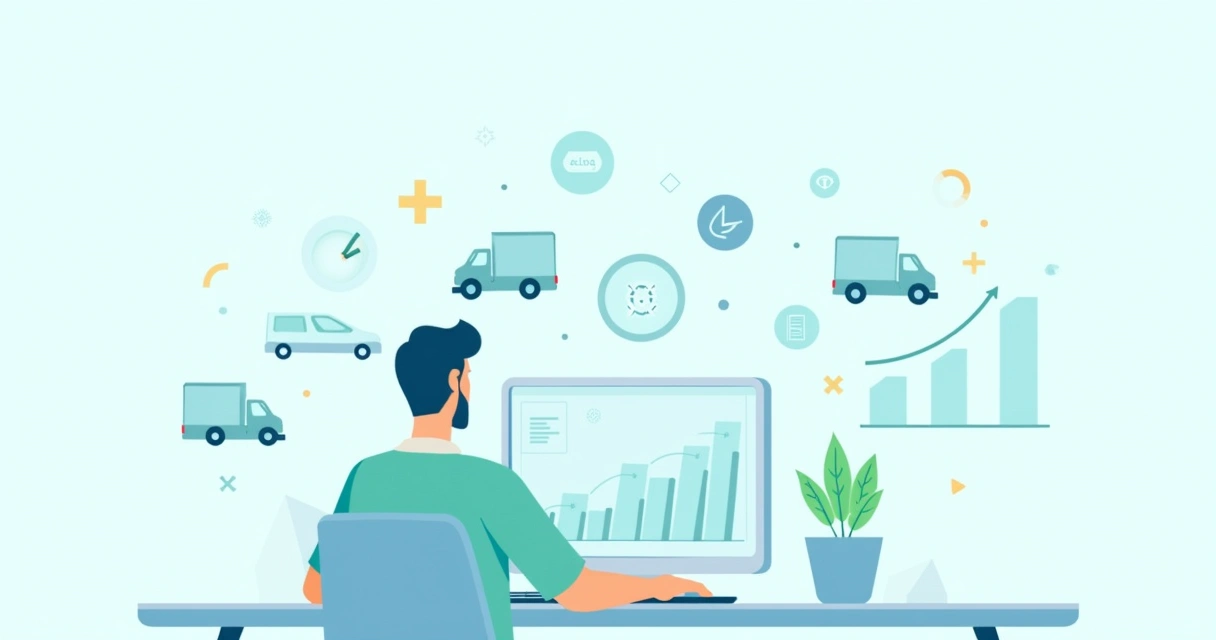 Ilustração de vendedor online com gráficos de crescimento e ícones de logística e clientes ao fundo 