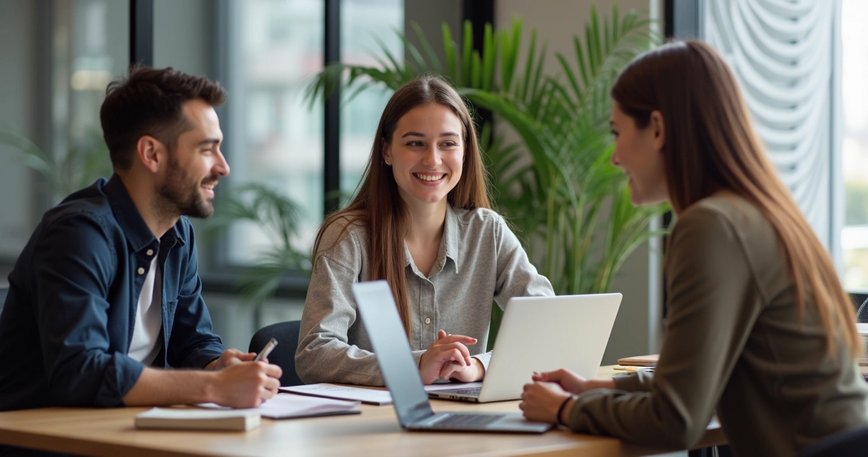 Reunião descontraída entre equipe de marketing e um microinfluenciador discutindo campanha 