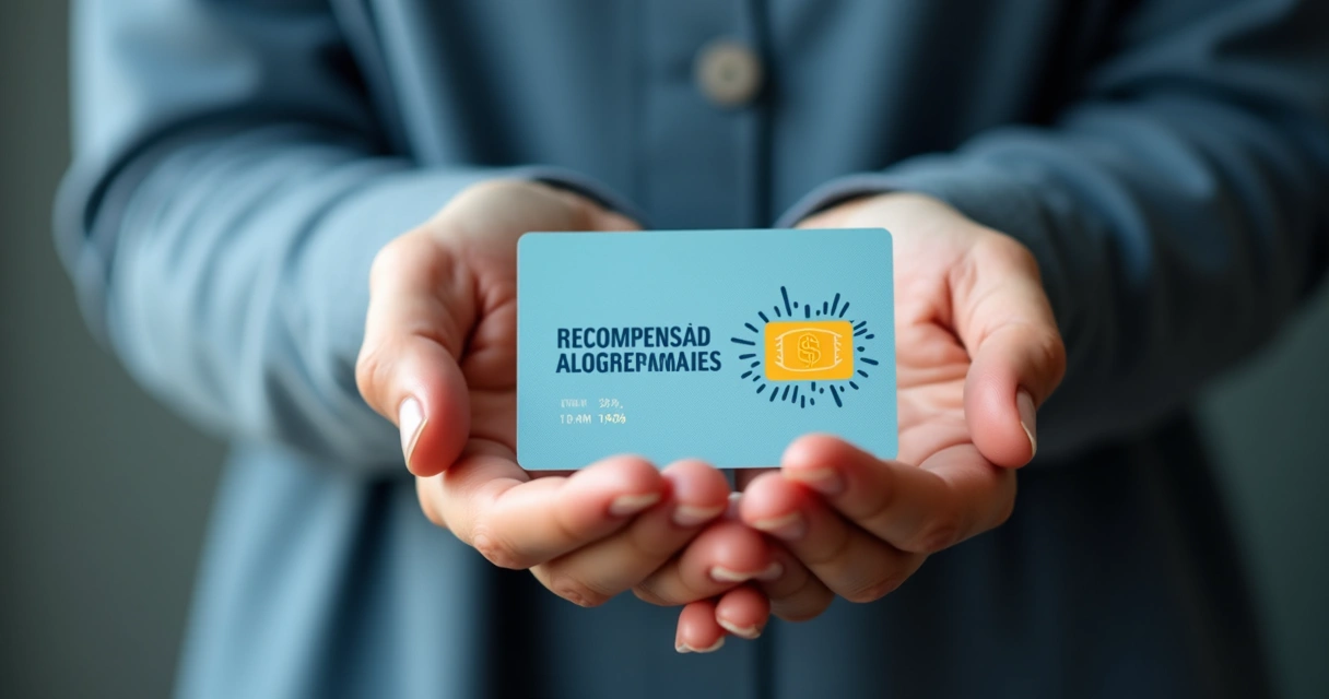 Cartão de recompensas com selo e mão segurando um cartão 