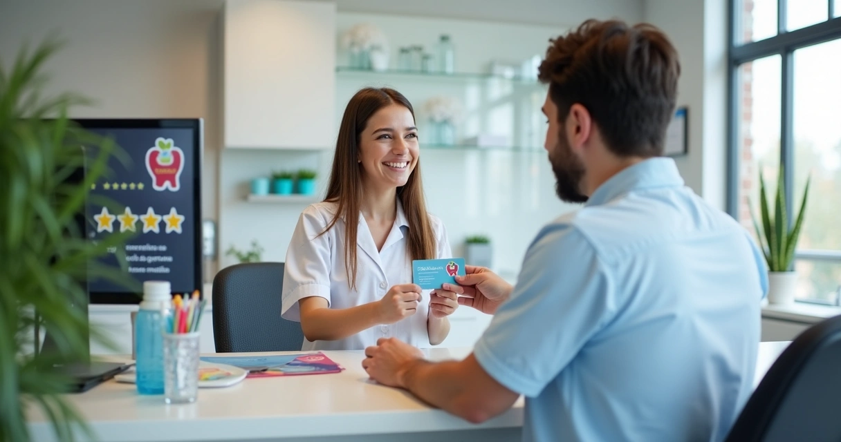 Paciente recebendo cartão de fidelidade em clínica odontológica