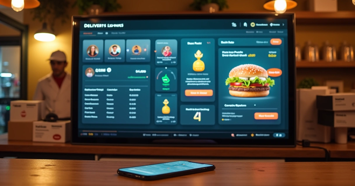 Painel digital mostrando programa de fidelidade para delivery com benefícios e pontos 