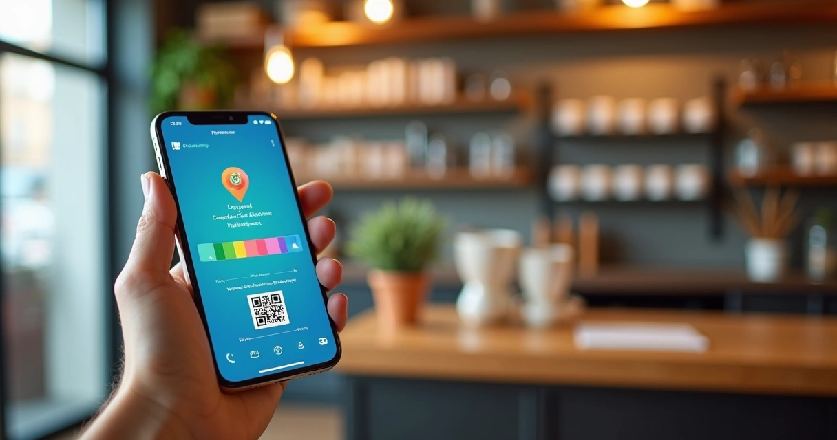 Smartphone exibindo programa de fidelidade digital com QR Code e painel de métricas em fundo de loja local 