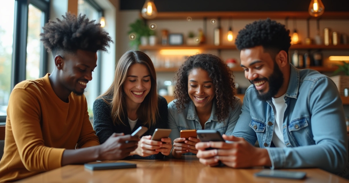 Clientes felizes interagindo com programa de fidelidade digital 