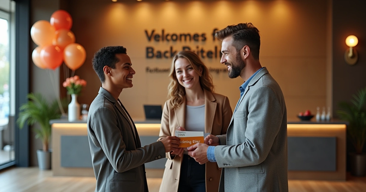 Equipe de hotel comemorando hóspedes retornando 