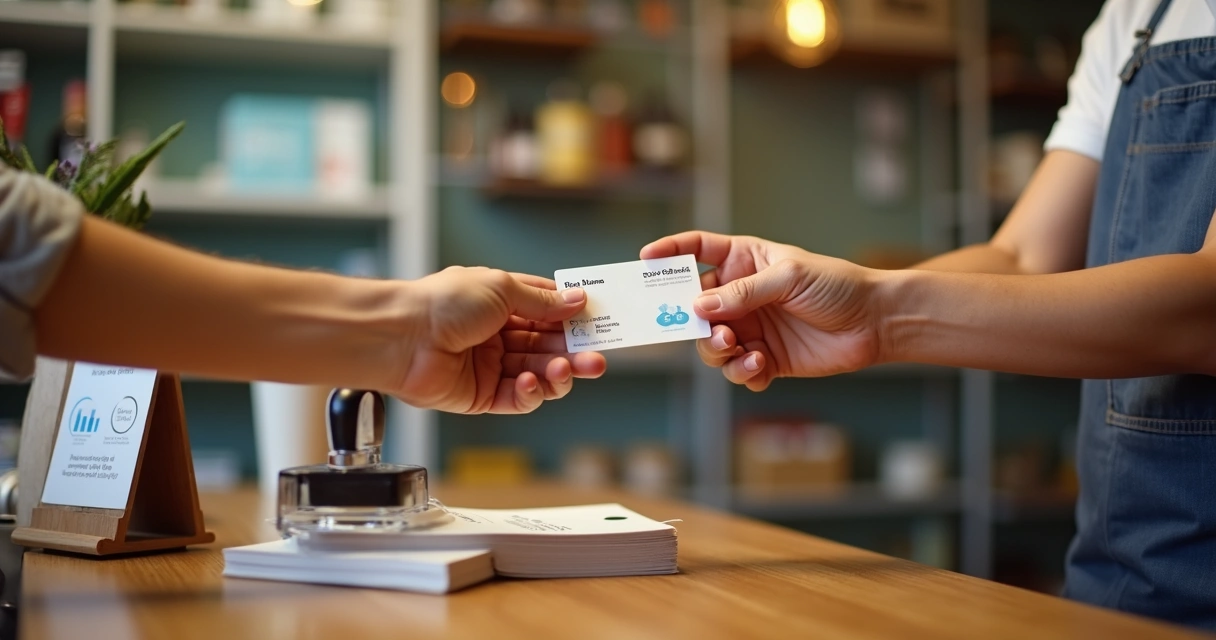 Dono de pequena loja entregando cartão de fidelidade a cliente no balcão 