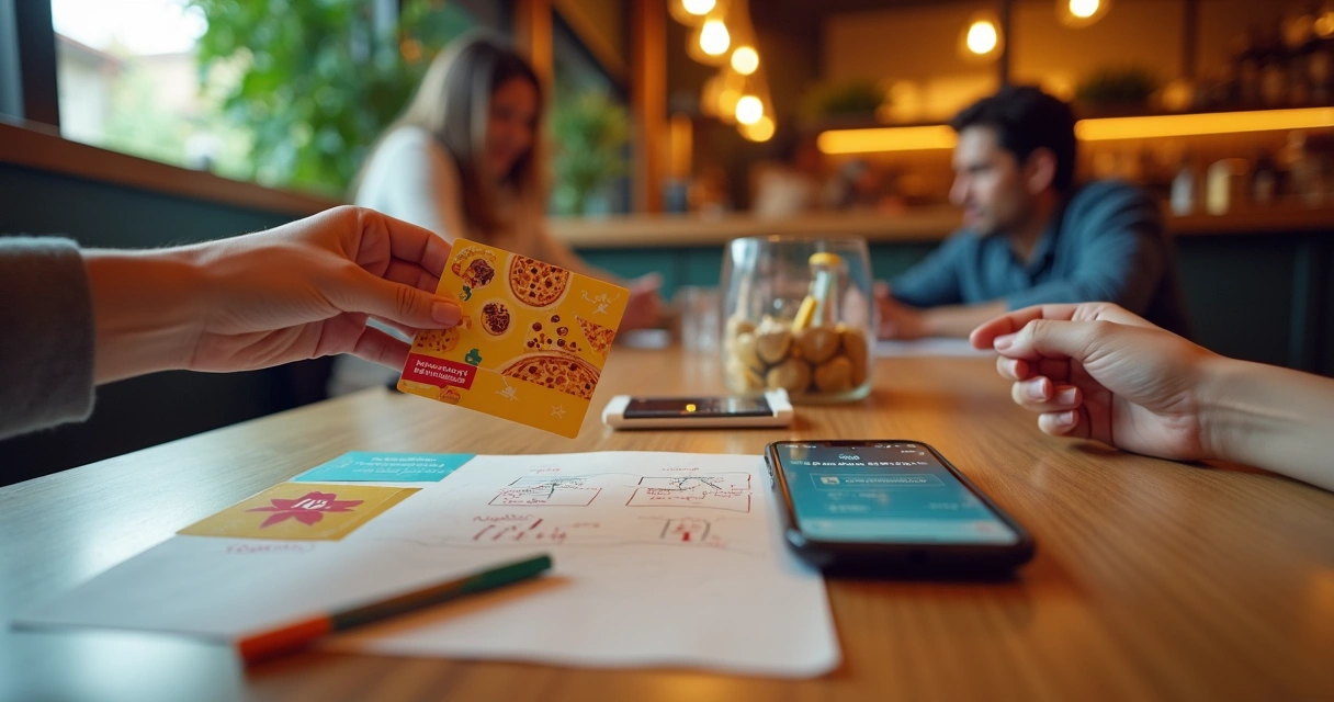 Cliente em restaurante casual recebendo cartão de fidelidade cheio de carimbos 