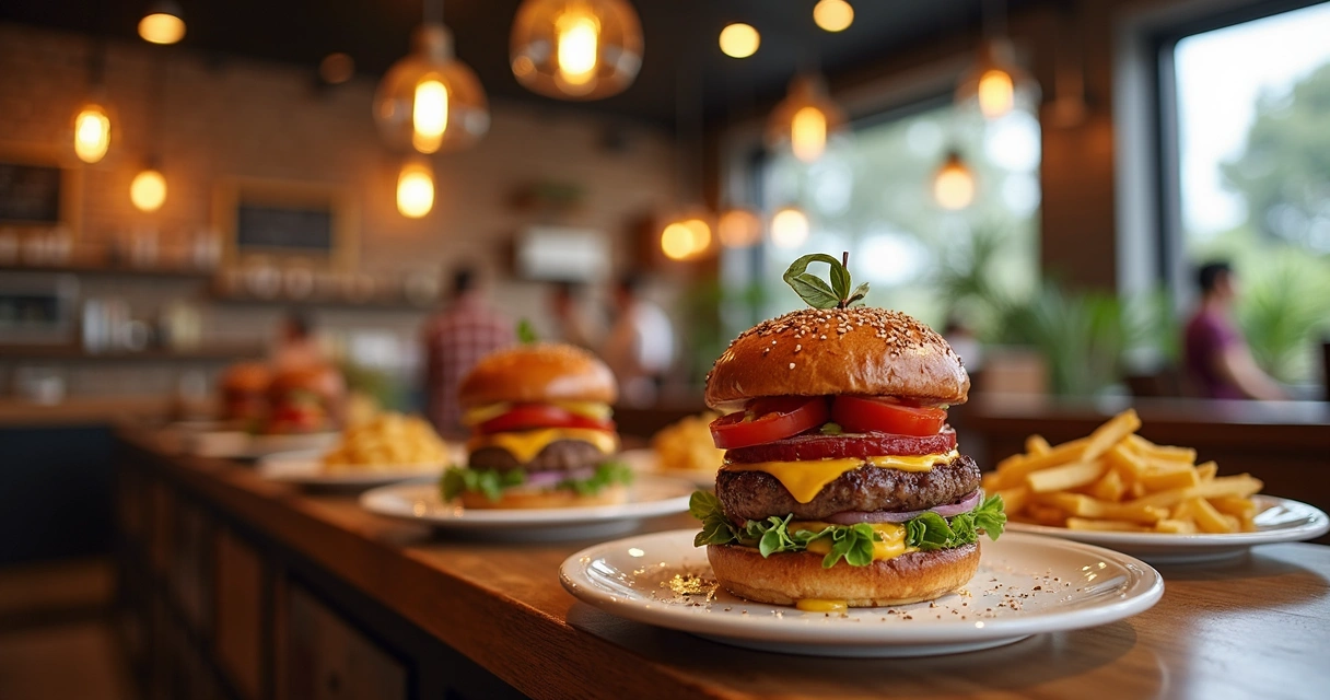 Comparação entre programa de fidelidade com cartões e promoções em restaurante com destaque visual para clientes fazendo pedidos e ofertas visíveis 