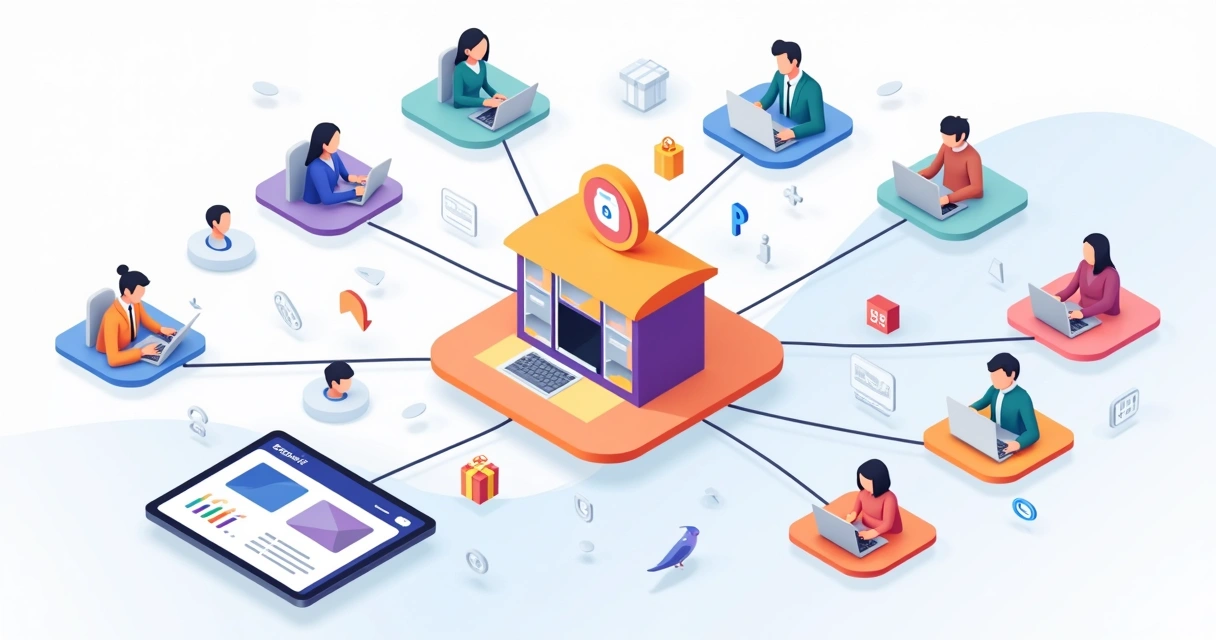Fluxo visual de programa de indicação conectando clientes e uma agência digital 