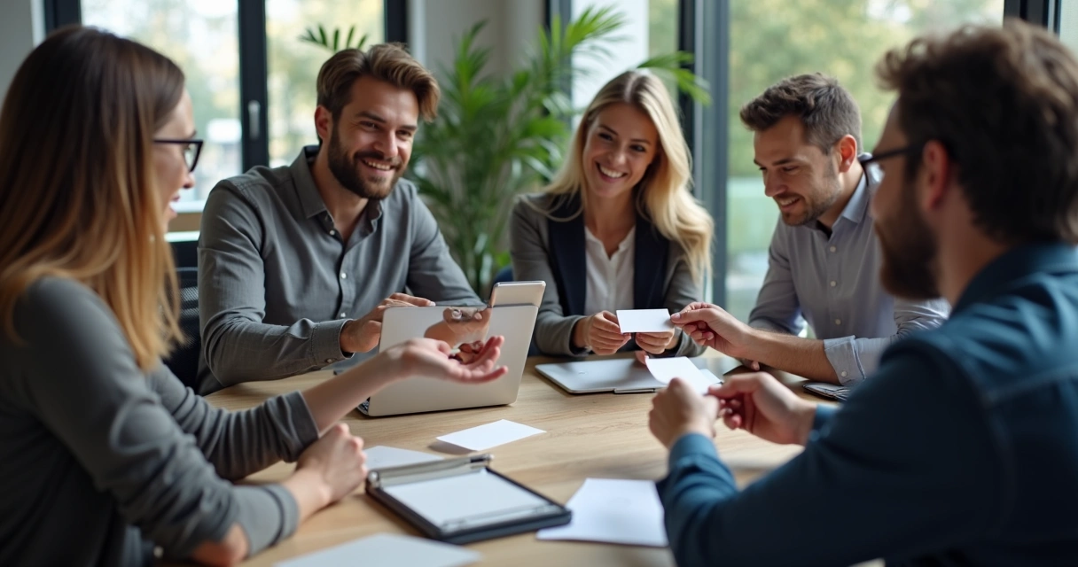 Grupos de negócios em roda de indicação e troca de contatos 