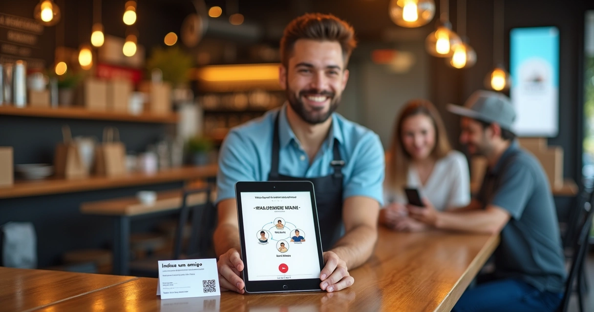 Dono de restaurante mostrando programa de indicação para clientes em um tablet 