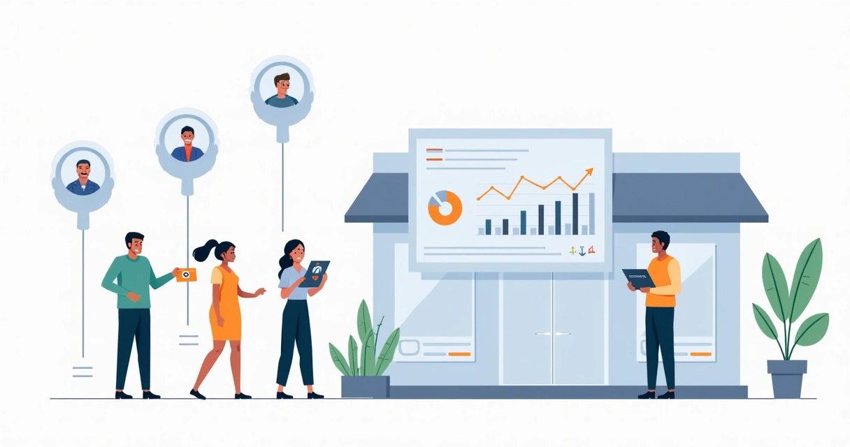 Ilustração de clientes satisfeitos indicando novos clientes para uma pequena empresa 