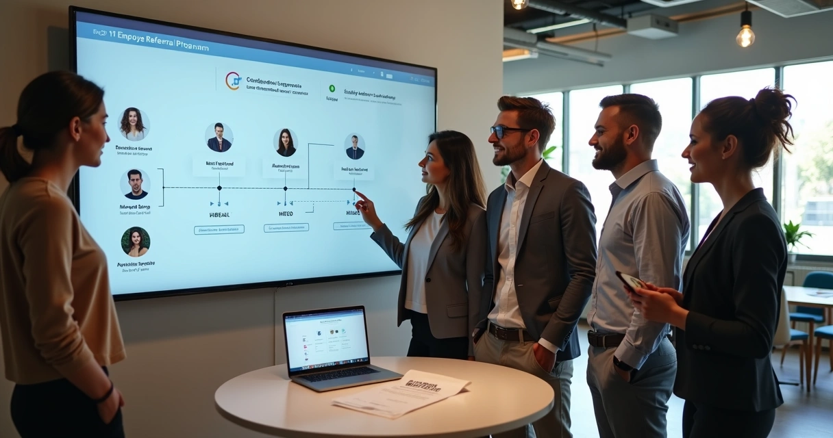 Equipe diversa de escritório conectando colegas em mural digital de indicações 