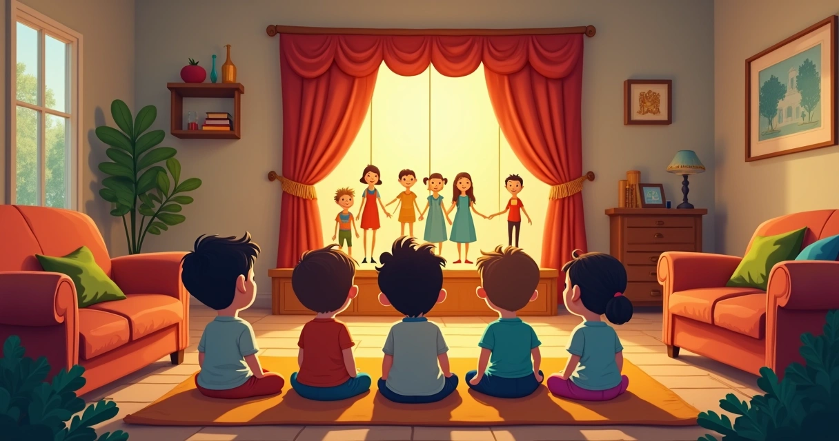 Crianças assistindo a um teatro de marionetes com bonecos coloridos 