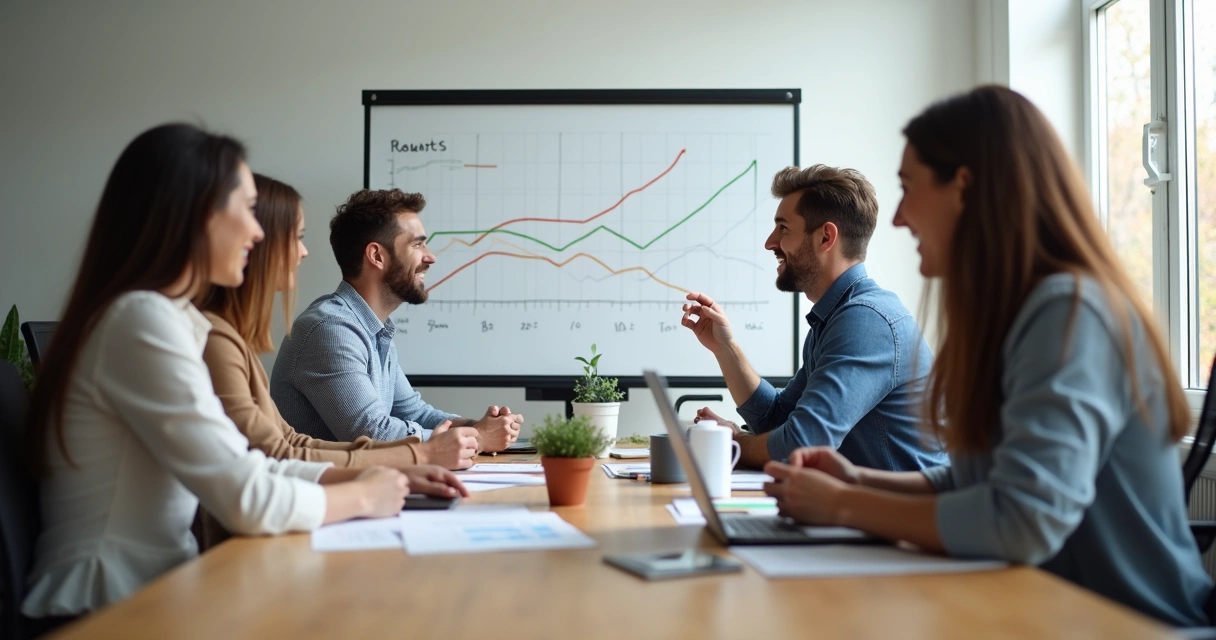 Equipe discutindo metas ao redor de uma mesa, quadro branco com gráficos ao fundo 
