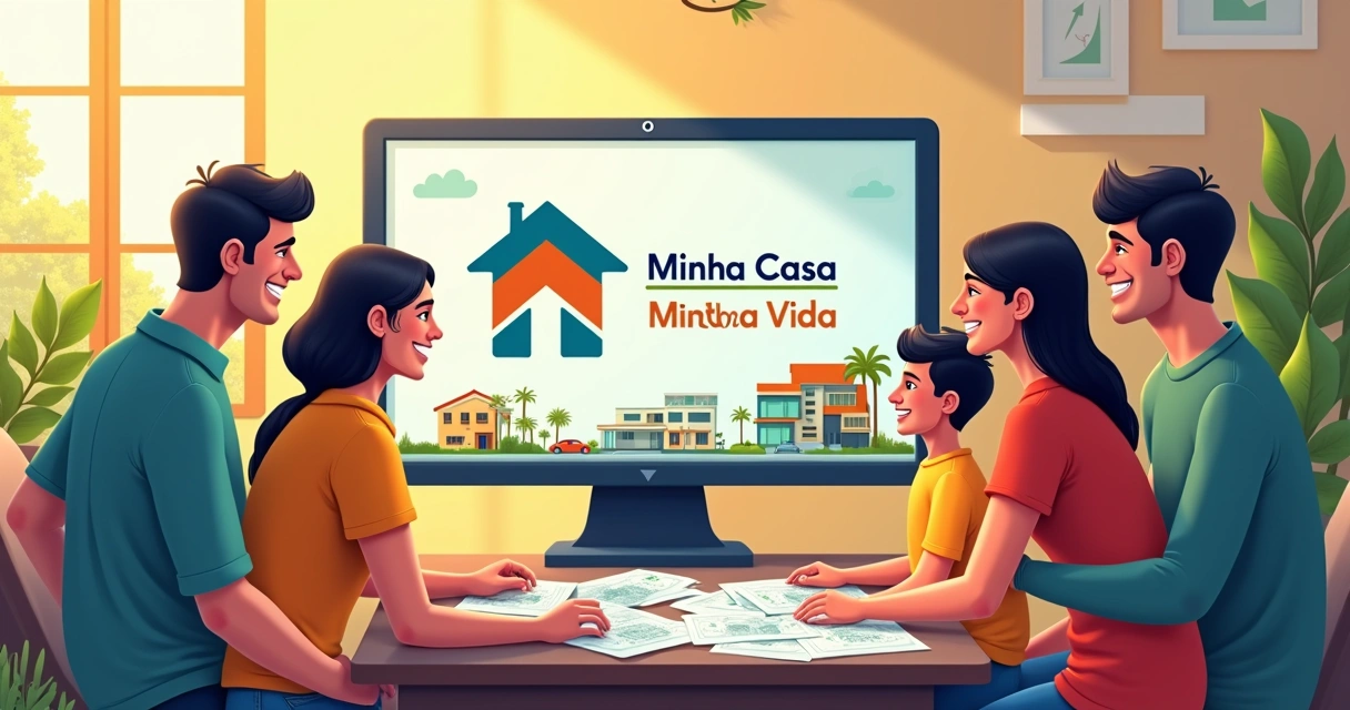 Família olhando para tela mostrando Minha Casa Minha Vida, dinheiro, projetos de casa 
