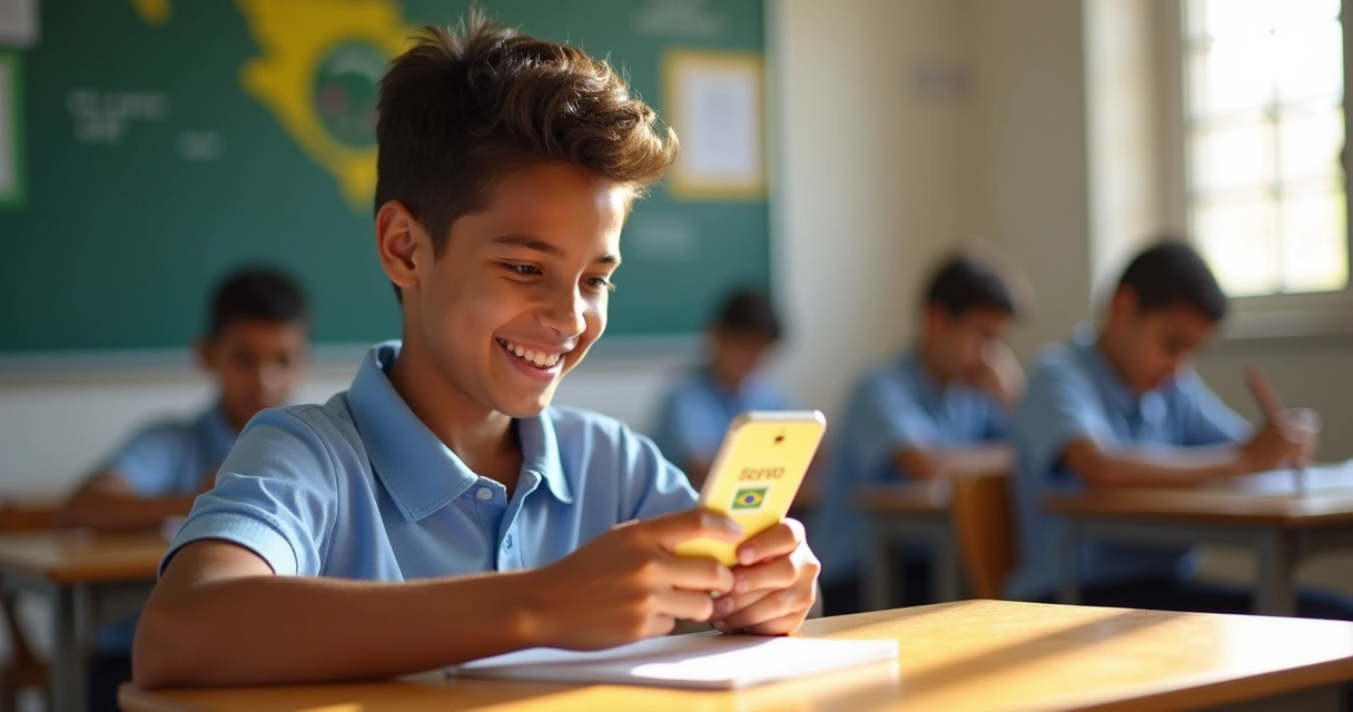 Jovem estudante no ensino médio verifica saldo em aplicativo de poupança digital 