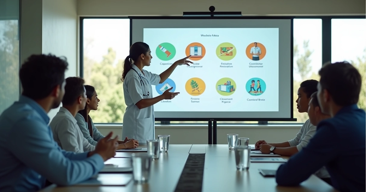 Profissional de saúde orientando colaboradores em programa de prevenção 