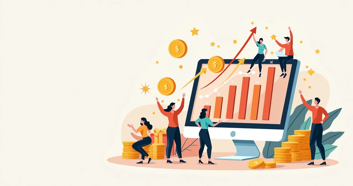 Campanha digital de recompensas com moedas e gráficos em alta 