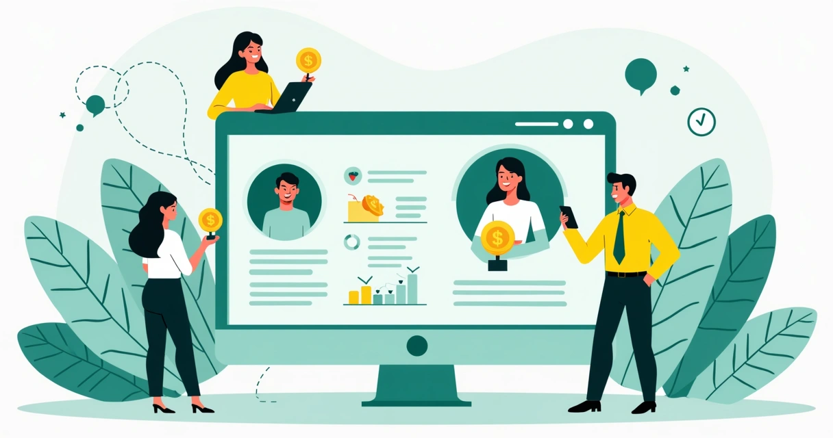 Clientes digitais felizes recebendo recompensas em painel digital. 