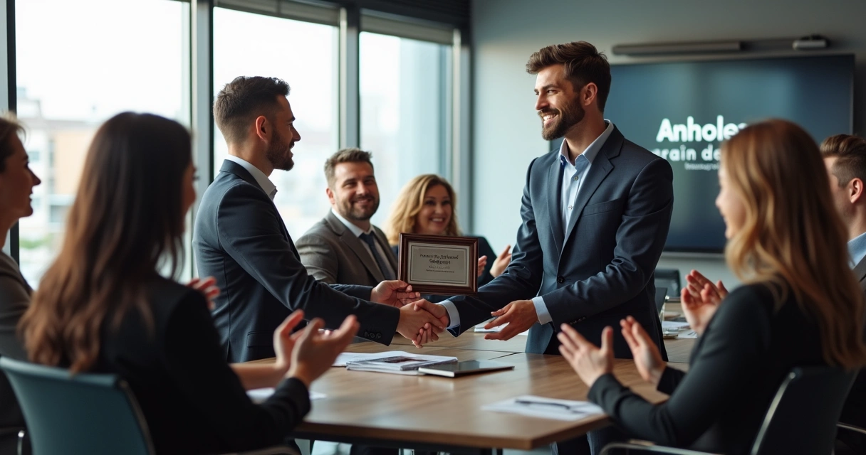 Reunião de equipe em escritório moderno, colaboradores batendo palmas para colega segurando uma placa de reconhecimento 