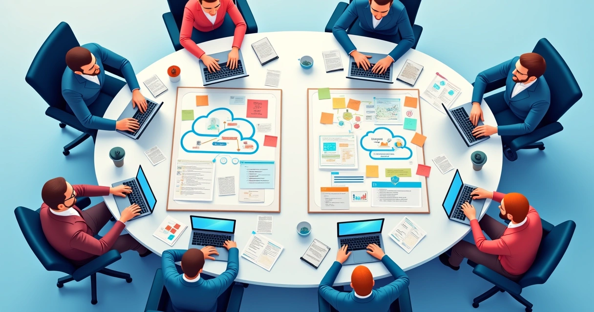 Equipe de TI discutindo em volta de quadros brancos com fluxos de nuvem desenhados