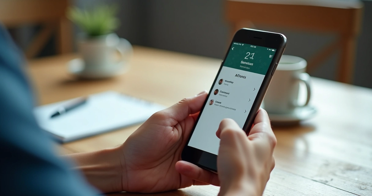 Pessoa configurando envio automático de mensagens pelo celular sobre uma mesa com anotações