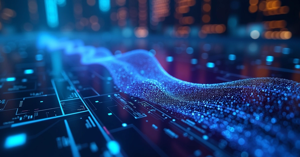 Interface digital com código binário e elementos de inteligência artificial no fundo de ambiente tecnológico futurista 