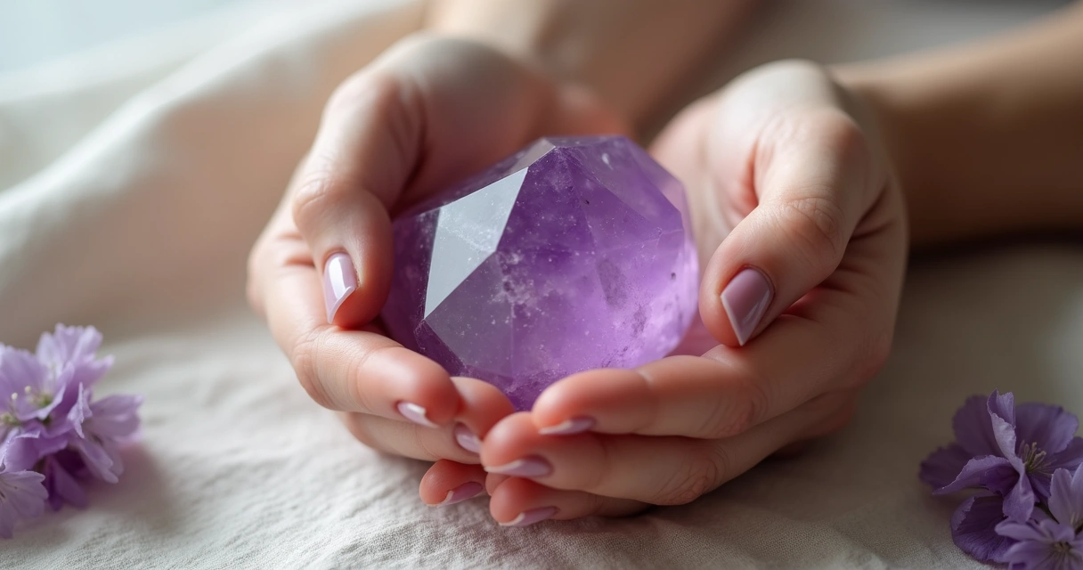 Mãos femininas segurando uma pedra ametista sob luz suave 