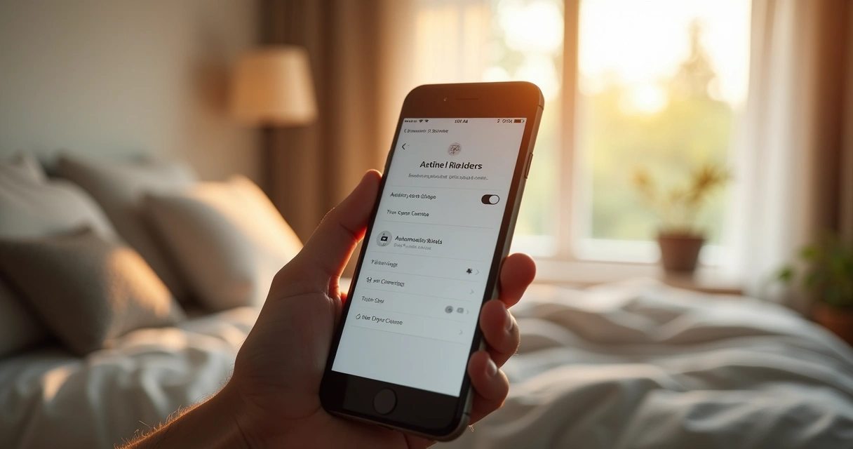 Tela de aplicativo programando persianas automatizadas para abrir ao amanhecer