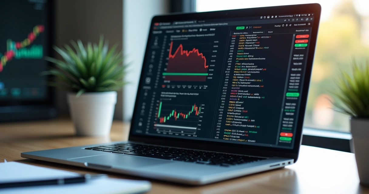 Computador com código Python aberto mostrando gráficos financeiros na tela 