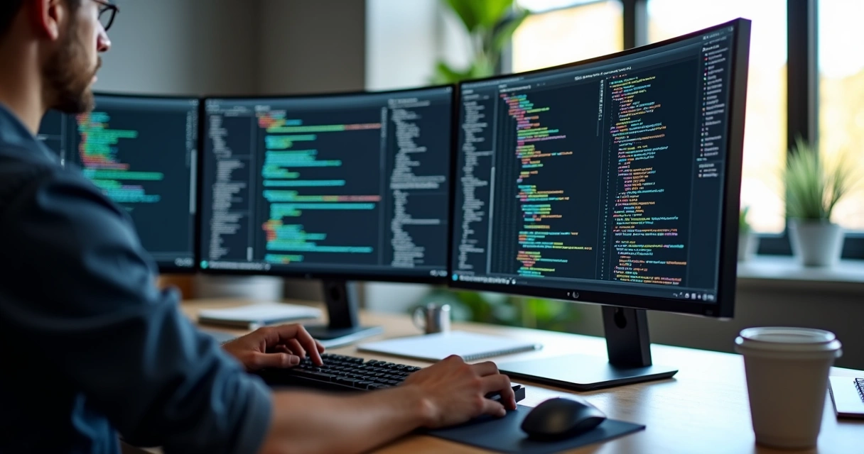 Programador escrevendo código ABAP em ambiente de desenvolvimento com múltiplas janelas no monitor 