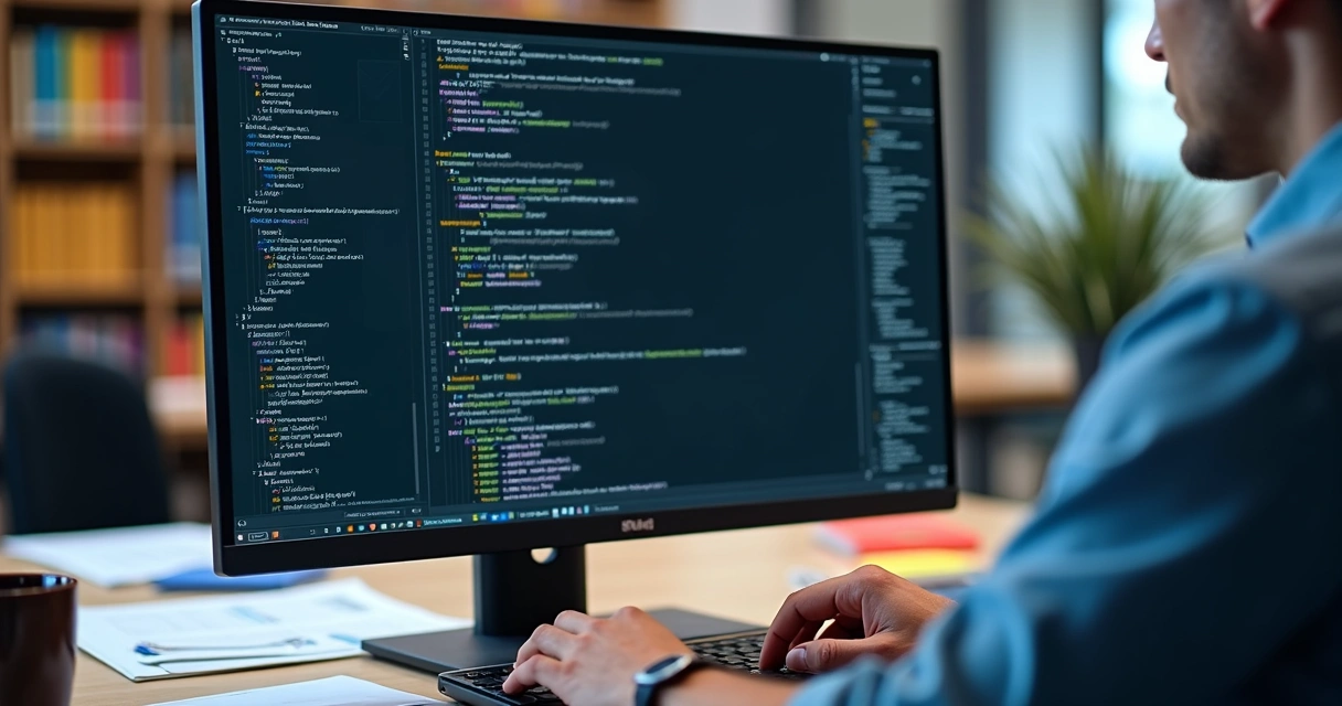 Pessoa digitando código ABAP em tela de computador 