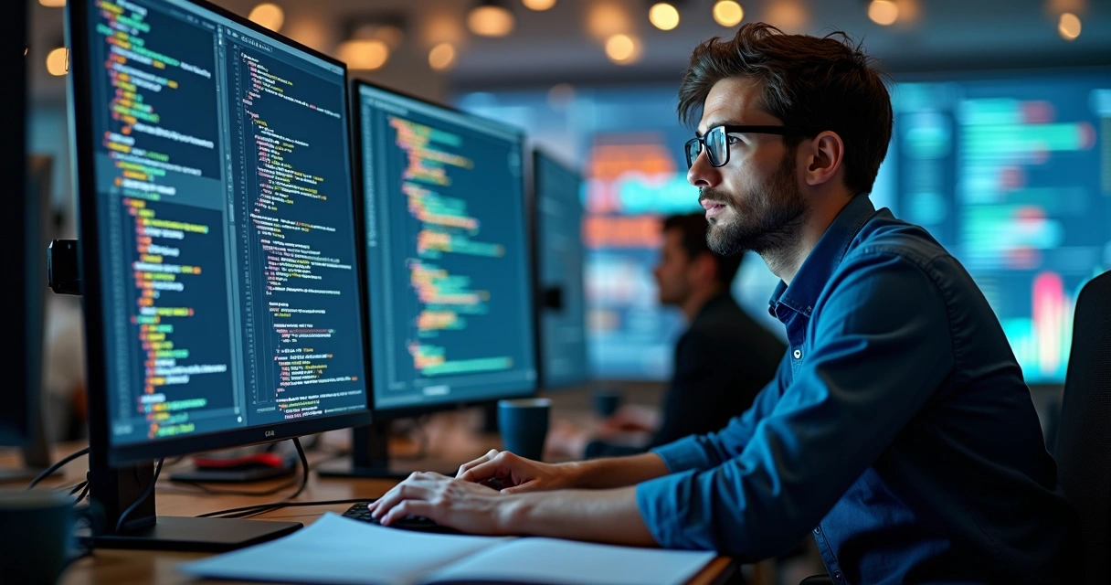 Programador analisando códigos SQL em múltiplas telas de computador com gráficos e banco de dados ao fundo 