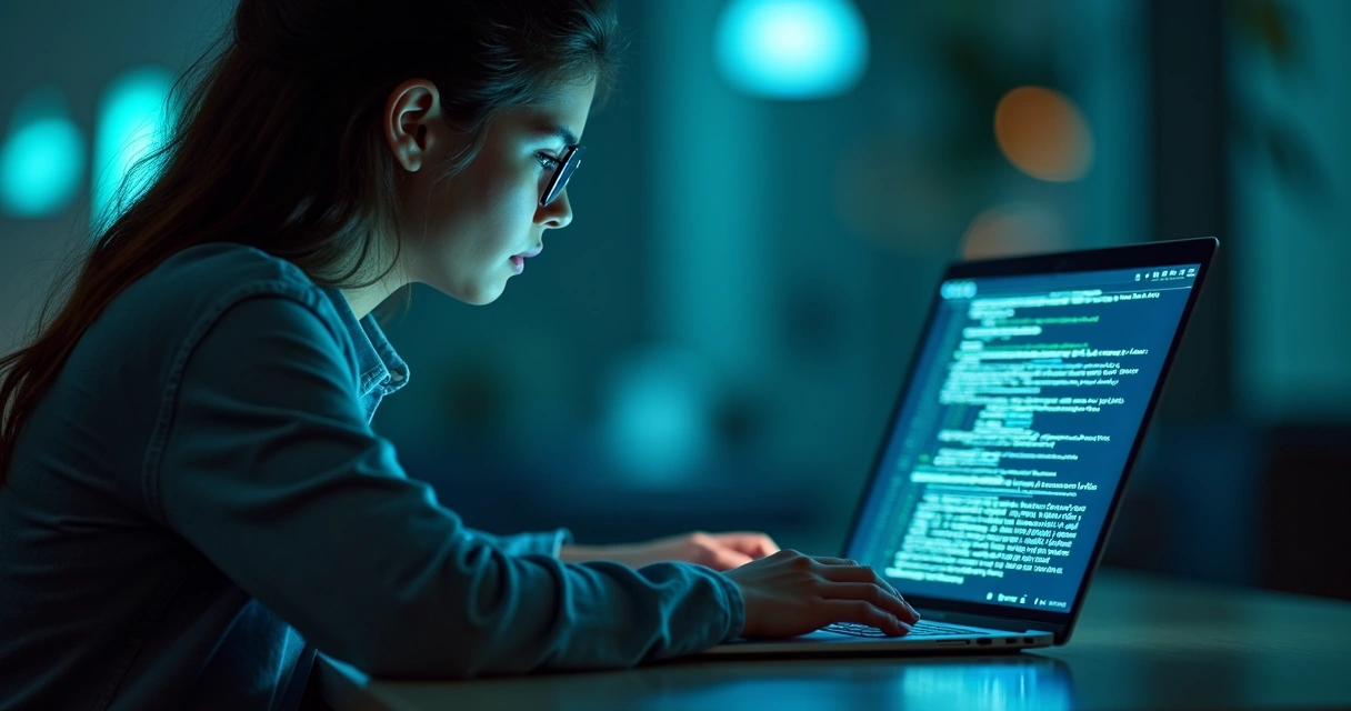 Pessoa programando chatbot em notebook, tela exibindo código para automação de WhatsApp 