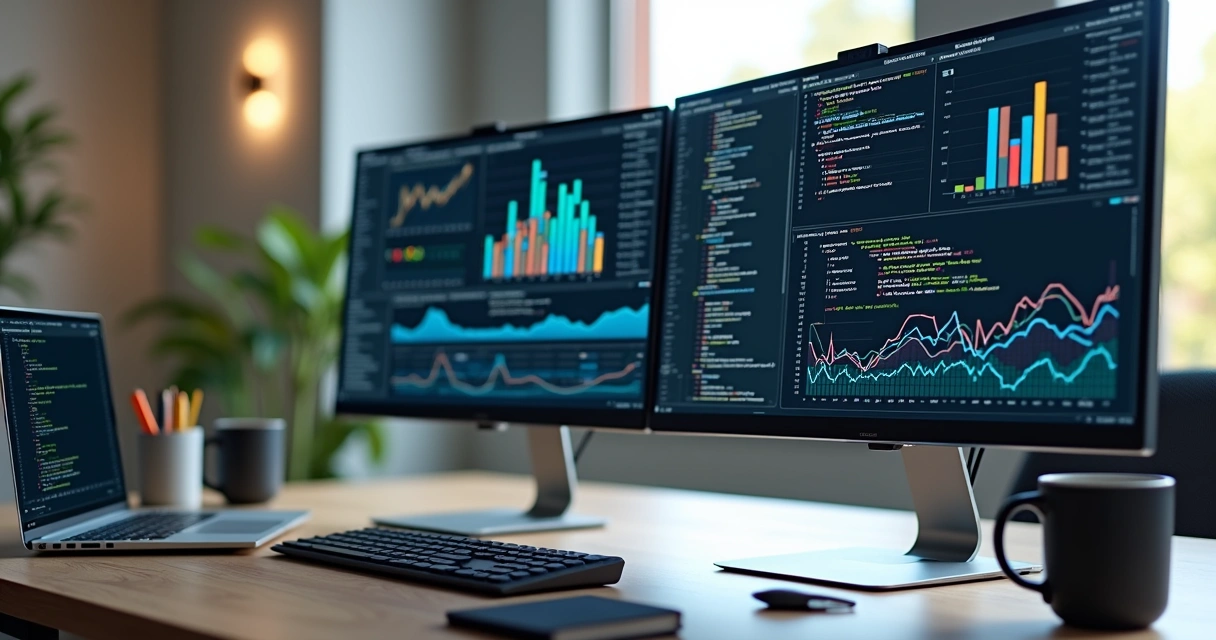 Programador trabalhando com códigos Python e visualizações do Power BI em múltiplas telas de computador 
