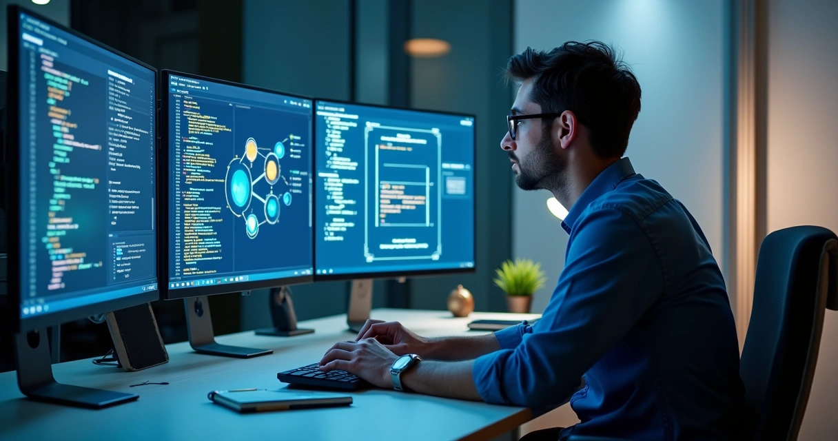 Programador revisando código com painel de IA ao lado