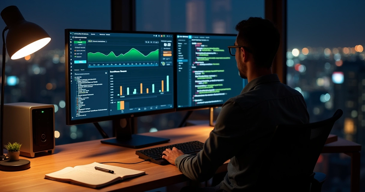 Programador de TI configurando painel financeiro automatizado com gráficos e código 