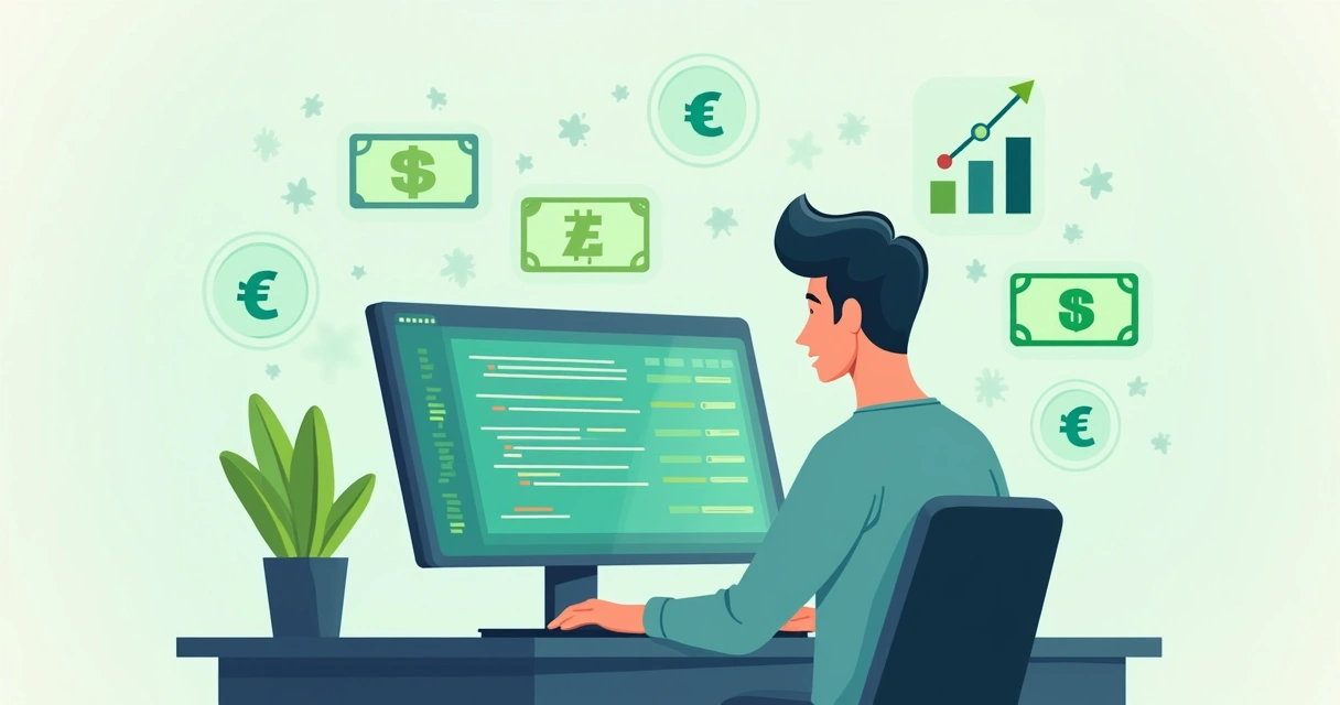 Programador escrevendo código enquanto gráficos de renda passiva aparecem ao fundo 