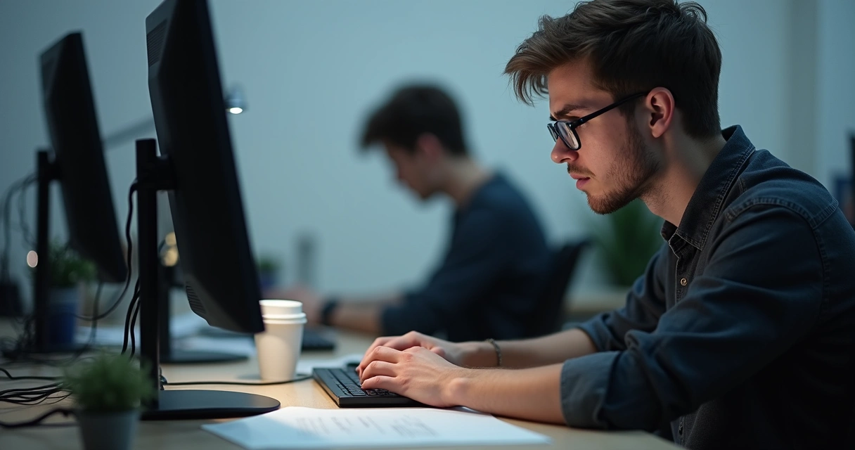 Programador sentado diante do computador com expressão cansada e ambiente de trabalho desanimado 