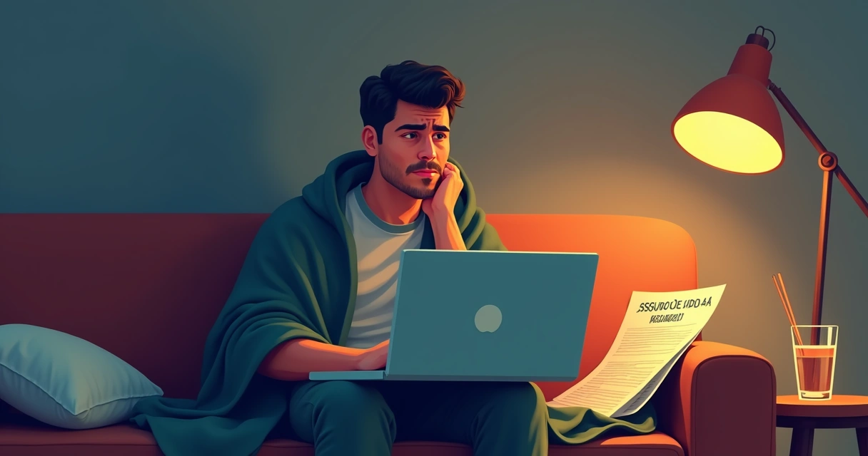 Homem programador doente sentado em casa, olhando para a tela do notebook, seguro de vida ao lado 