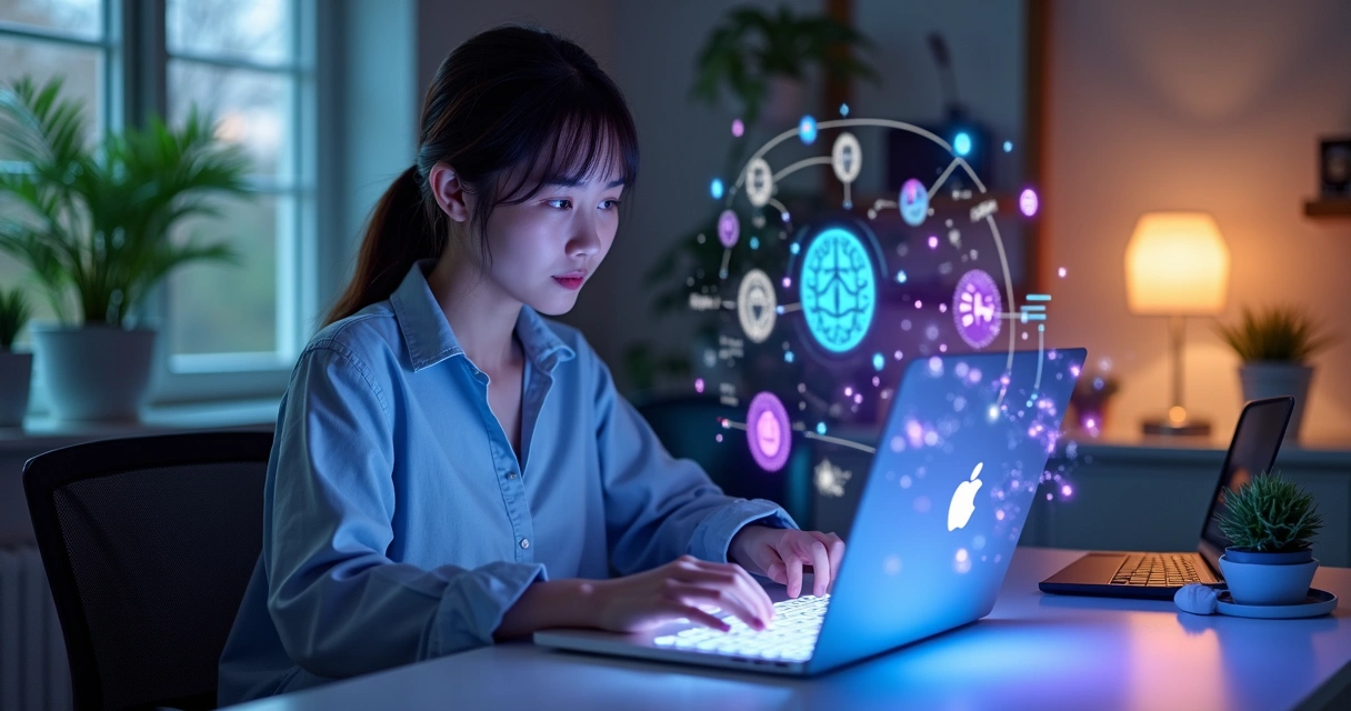 Programador sentado em mesa moderna com interface digital de IA brilhando ao redor 