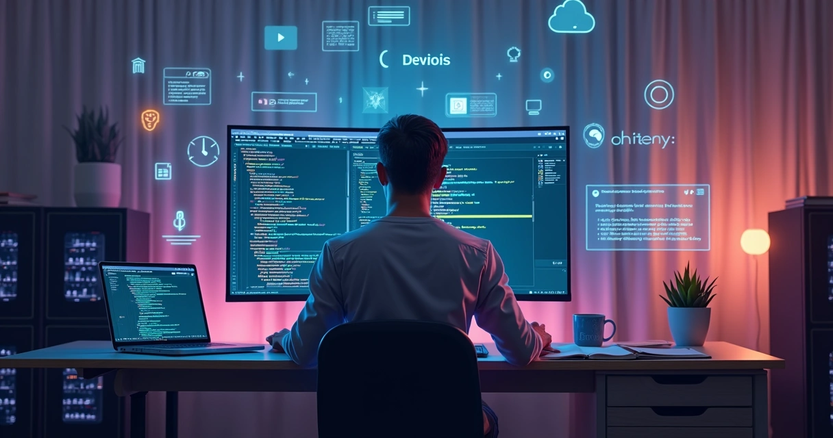 Programador interagindo com IA Cursor e Devin no VS Code em ambiente tecnológico moderno 