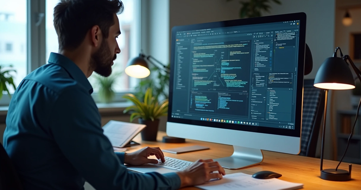 Profissional de TI desenvolvendo software sob medida em mesa de trabalho com tela de computador 