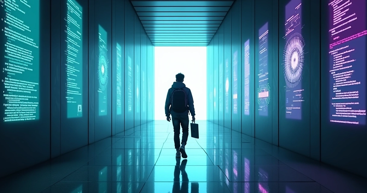 Programador caminhando em corredor futurista entre códigos e ícones de IA 
