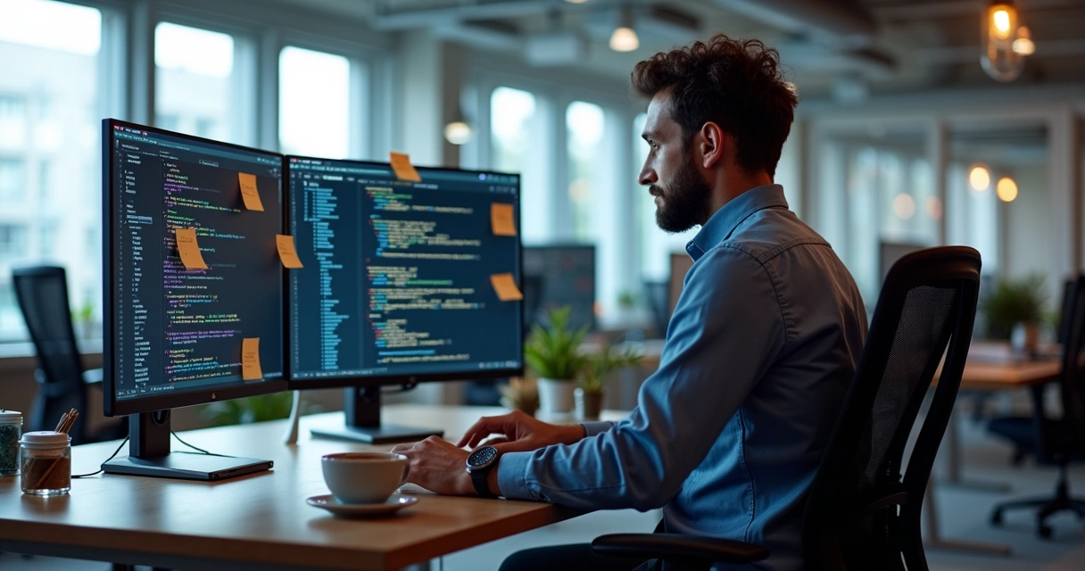 Programador diante de dois monitores, código em destaque, gráficos e elementos de IA.