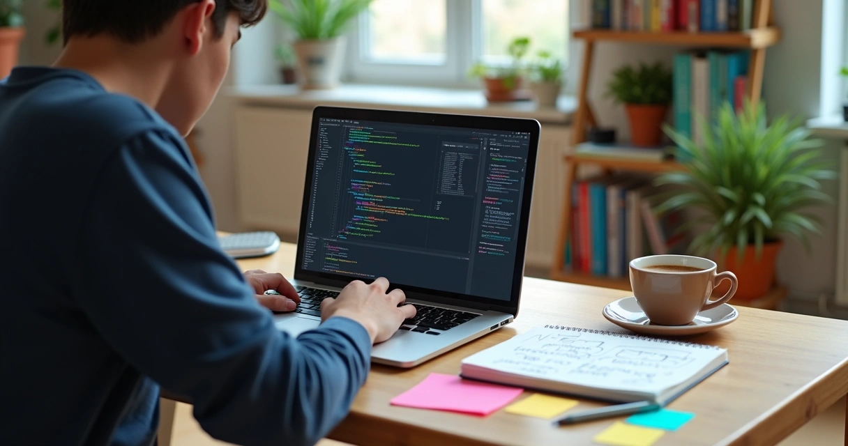Pessoa jovem estudando lógica de programação em computador com anotações e gráficos na mesa 
